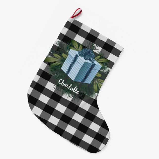 Buffalo Plaid Christmas Gift | Blue Large Christmas Stocking (Front (Hanging))