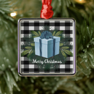 Buffalo Plaid Christmas Gift   Blue Metal Ornament