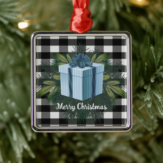 Buffalo Plaid Christmas Gift | Blue Metal Ornament (Tree)