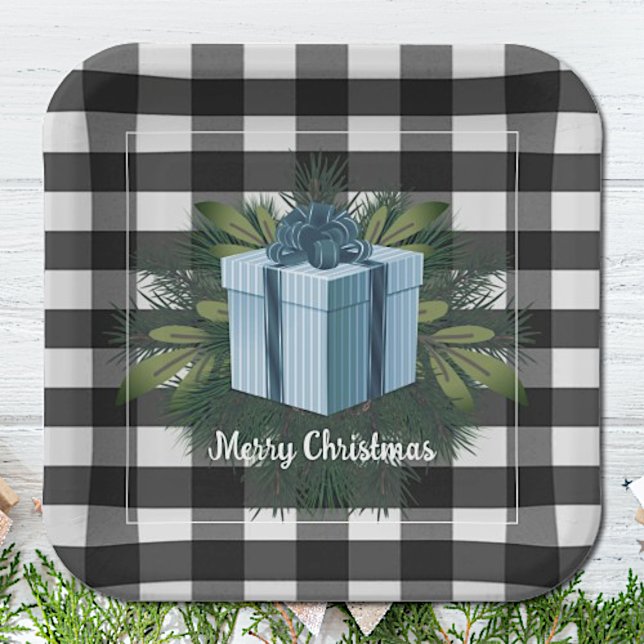 Buffalo Plaid Christmas Gift | Blue Paper Plates (Blue Buffalo Plaid Christmas Gift Paper Plates)
