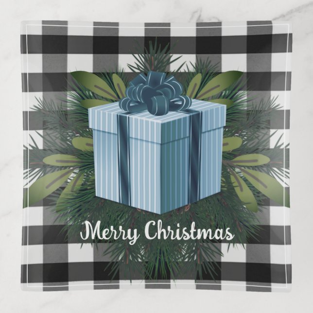 Buffalo Plaid Christmas Gift | Blue Trinket Tray (Front)