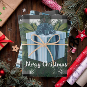 Buffalo Plaid Christmas Gift   Blue Wrapping Paper Sheets