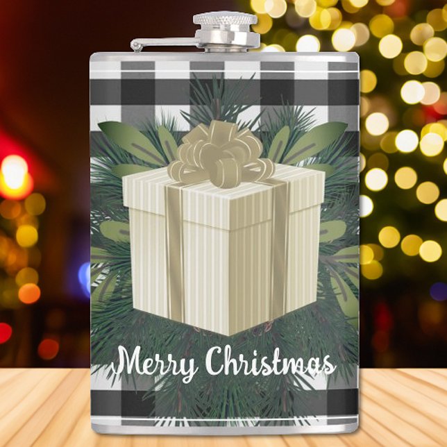Buffalo Plaid Christmas Gift | Gold Flask (Gold Buffalo Plaid Christmas Gift Flask)