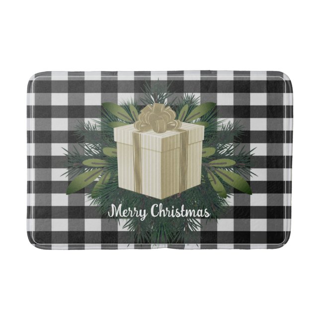 Buffalo Plaid Christmas Gift | Gold Holiday Bath Mat (Front)