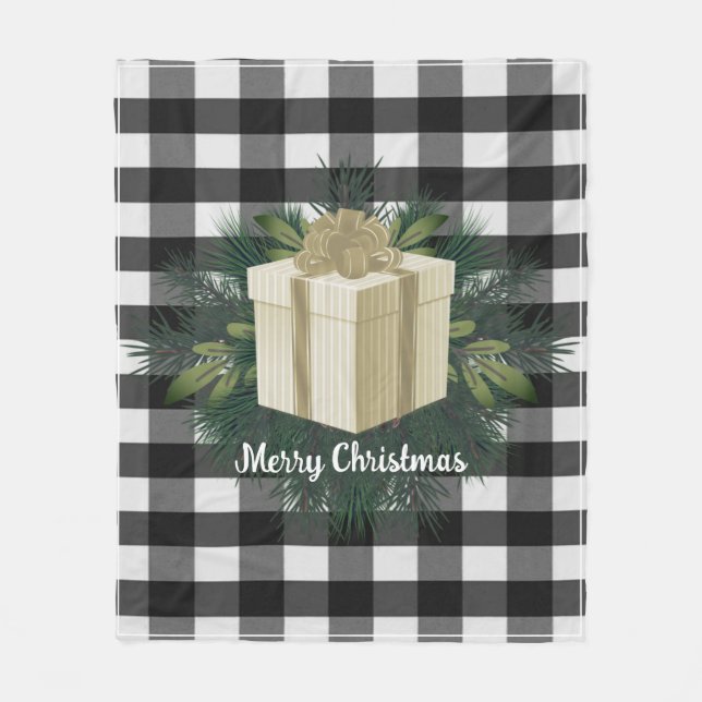 Buffalo Plaid Christmas Gift | Gold Holiday Fleece Blanket (Front)