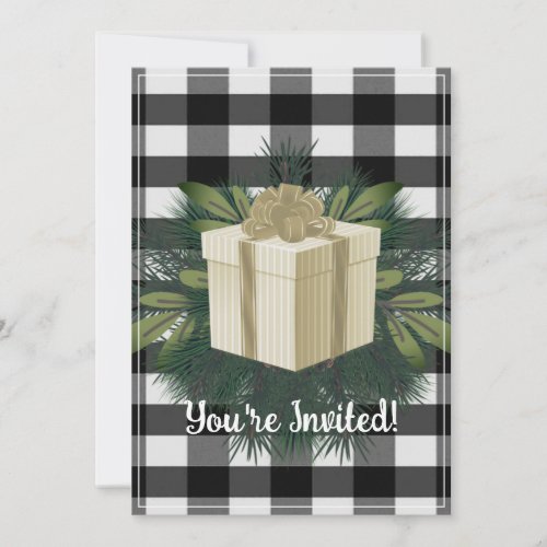 Buffalo Plaid Christmas Gift  Gold Holiday Party Invitation