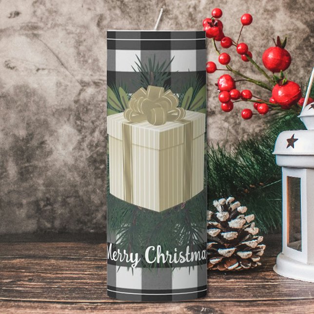 Buffalo Plaid Christmas Gift | Gold Holiday Pillar Candle (Gold Buffalo Plaid Christmas Gift Holiday Large Pillar Candle)