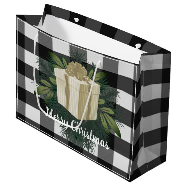 Buffalo Plaid Christmas Gift | Gold Large Gift Bag (Front Angled)