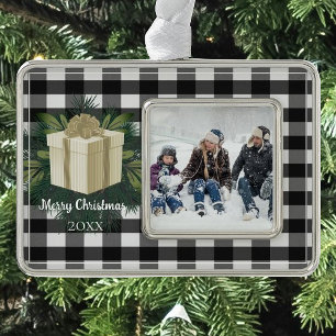 Buffalo Plaid Christmas Gift Gold Ornament