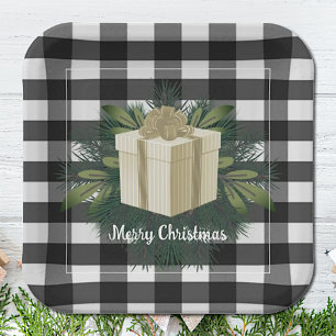 Buffalo Plaid Christmas Gift Gold Paper Plates