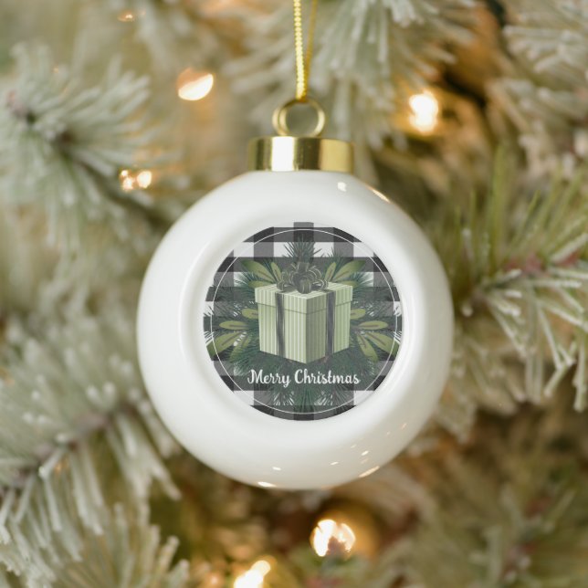 Buffalo Plaid Christmas Gift | Green Ceramic Ball Christmas Ornament (Tree)