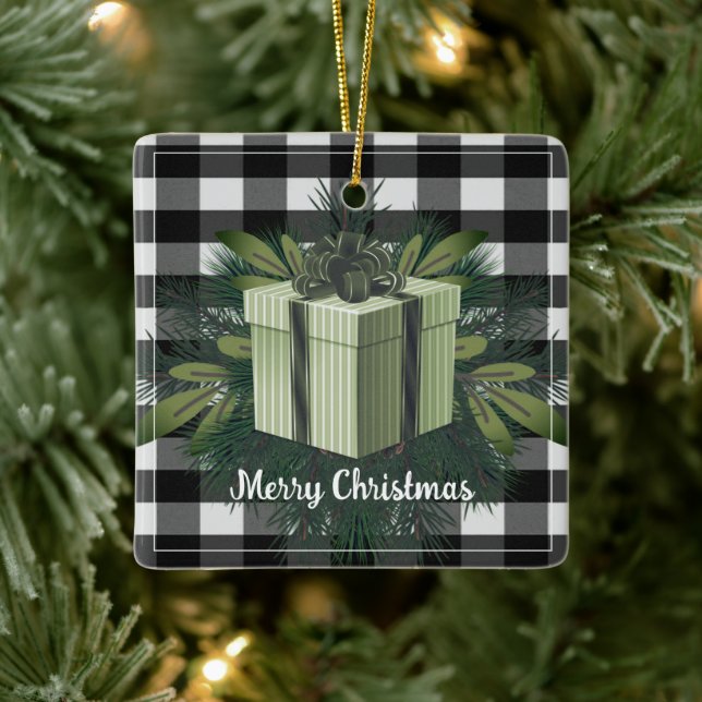 Buffalo Plaid Christmas Gift | Green Holiday Ceramic Ornament (Tree)