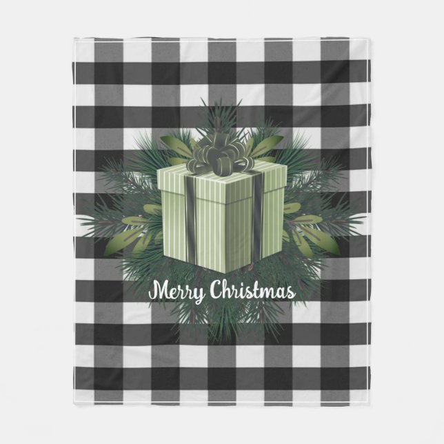 Buffalo Plaid Christmas Gift | Green Holiday Fleece Blanket (Front)