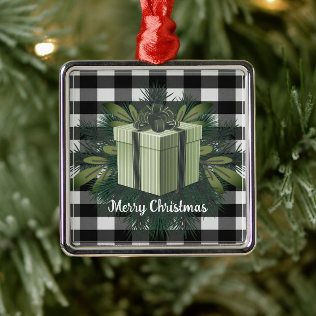 Buffalo Plaid Christmas Gift | Green Metal Ornament (Tree)