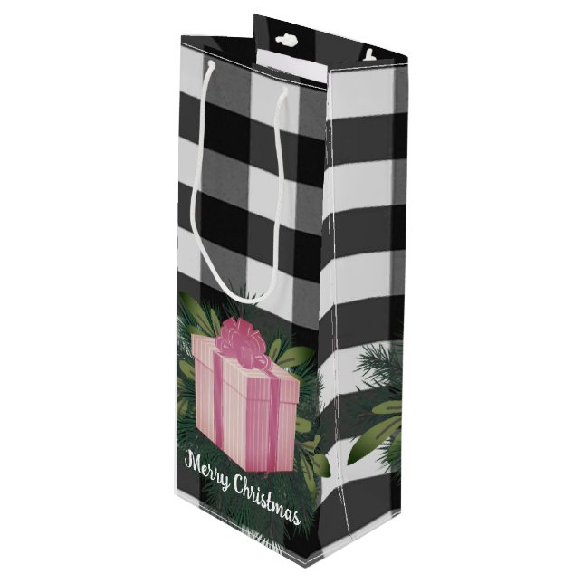 Buffalo Plaid Christmas Gift | Pink Holiday Wine Gift Bag (Front Angled)