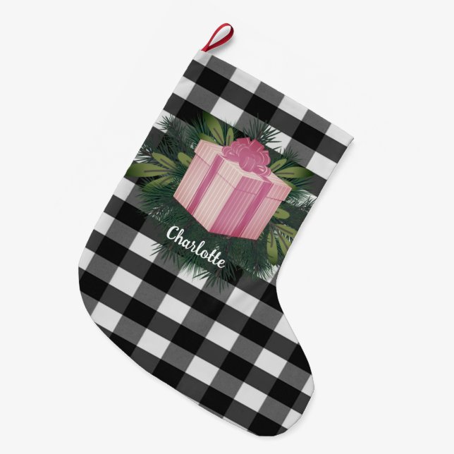 Buffalo Plaid Christmas Gift | Pink Large Christmas Stocking (Front (Hanging))