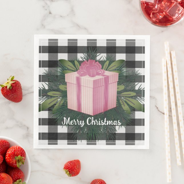 Buffalo Plaid Christmas Gift | Pink Paper Dinner Napkins (Insitu)