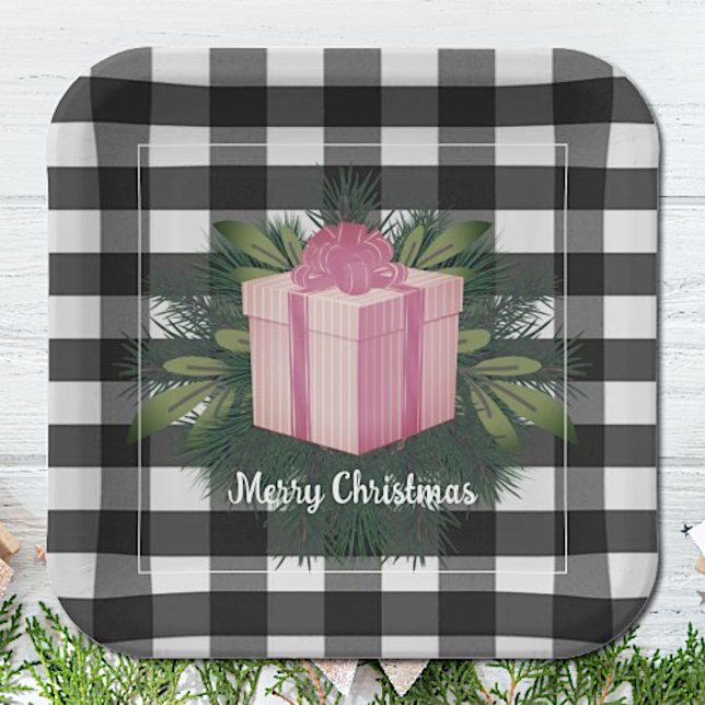 Buffalo Plaid Christmas Gift | Pink Paper Plates (Pink Buffalo Plaid Christmas Gift Paper Plates)