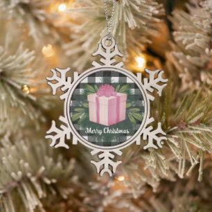 Buffalo Plaid Christmas Gift   Pink Snowflake Pewter Christmas Ornament