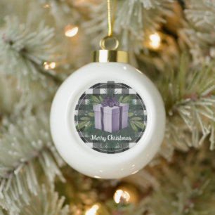 Buffalo Plaid Christmas Gift   Purple Ceramic Ball Christmas Ornament