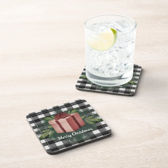 Buffalo Plaid Christmas Gift | Red Holiday Beverage Coaster (Right Side)