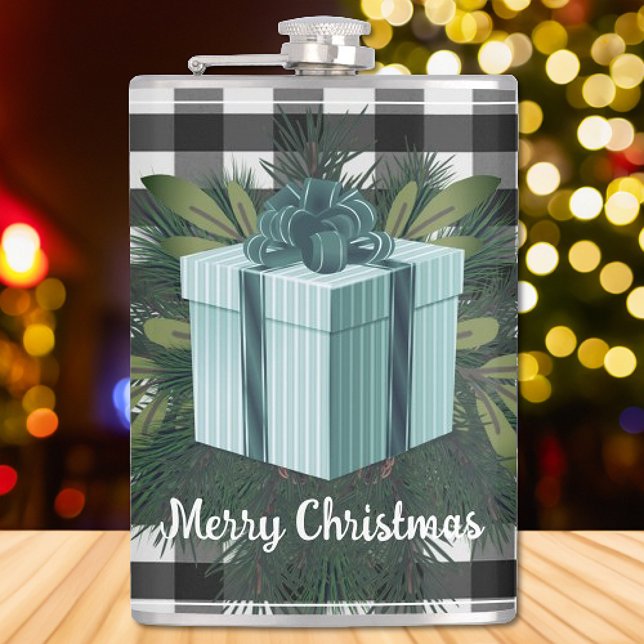 Buffalo Plaid Christmas Gift | Teal Flask (Teal Buffalo Plaid Christmas Gift Flask)
