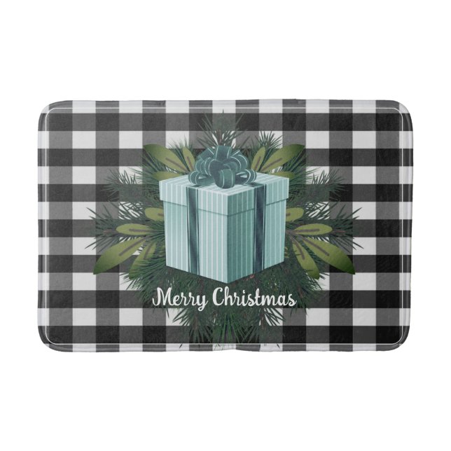 Buffalo Plaid Christmas Gift | Teal Holiday Bath Mat (Front)