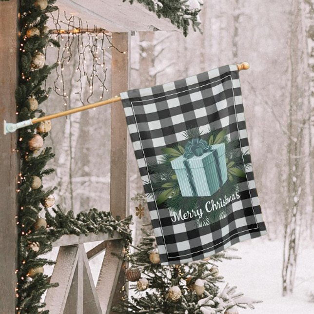Buffalo Plaid Christmas Gift | Teal Holiday House Flag (Buffalo Plaid Teal Christmas Gift Holiday House Flag)