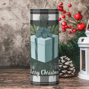 Buffalo Plaid Christmas Gift Teal Holiday Pillar Candle