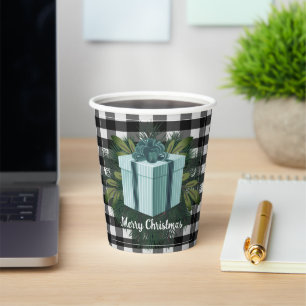 Buffalo Plaid Christmas Gift Teal Paper Cups