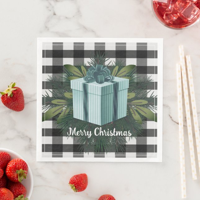Buffalo Plaid Christmas Gift | Teal Paper Dinner Napkins (Insitu)