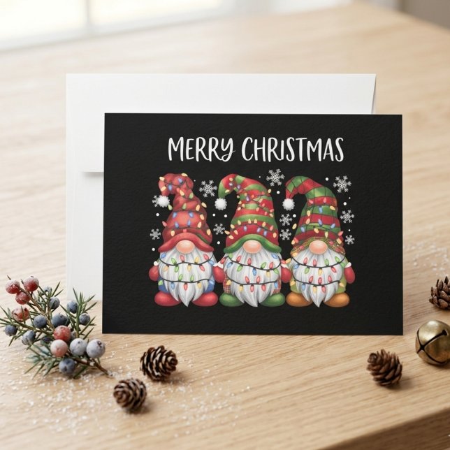 Buffalo Plaid Christmas Gnome Trio with Lights Holiday Card (Creator Uploaded)