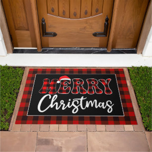 Buffalo Plaid Christmas Greeting with Santa Hat Doormat