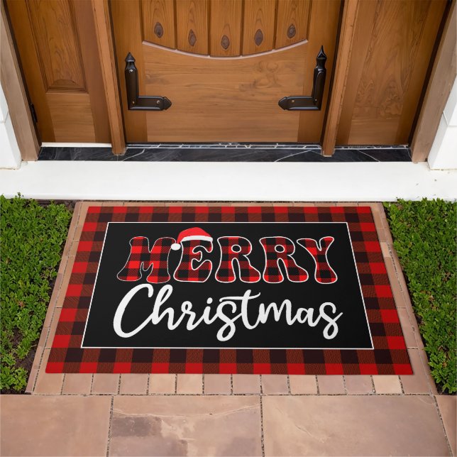 Buffalo Plaid Christmas Greeting with Santa Hat Doormat (Outdoor)