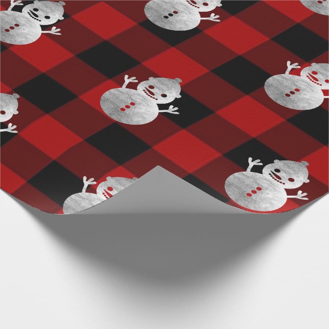 Buffalo Plaid Christmas Holidays Snowman Silver Wrapping Paper (Corner)