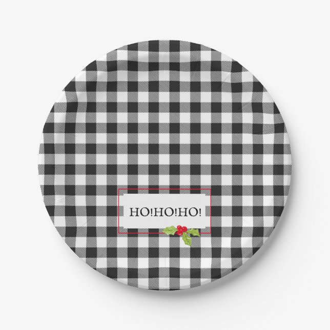 Buffalo Plaid Christmas Holly HO! HO! HO! Holiday Paper Plates (Front)