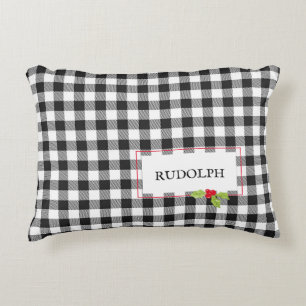 Buffalo Plaid Christmas Holly NAME Rudolph Holiday Accent Pillow