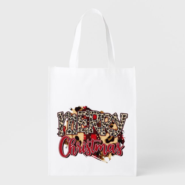 Buffalo Plaid Christmas, Merry Christmas, Xmas Grocery Bag (Front)