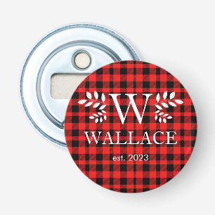 Buffalo Plaid Christmas monogram newlywed photo Bottle Opener