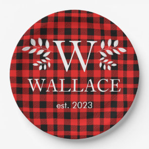 Buffalo Plaid Christmas monogram newlywed photo  Paper Plates
