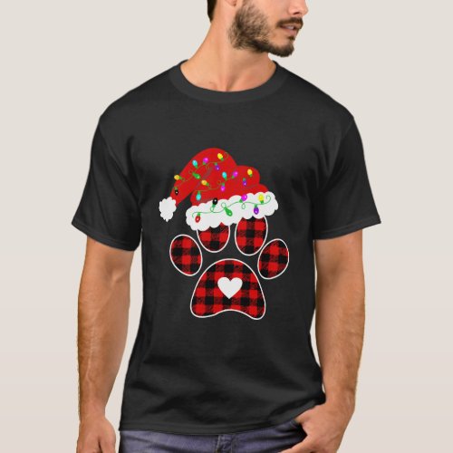 Buffalo Plaid Christmas Paw Dog With Santa Hat Lig T_Shirt