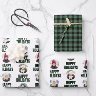 Buffalo Plaid Christmas Photo Collage Black Green Wrapping Paper Sheets