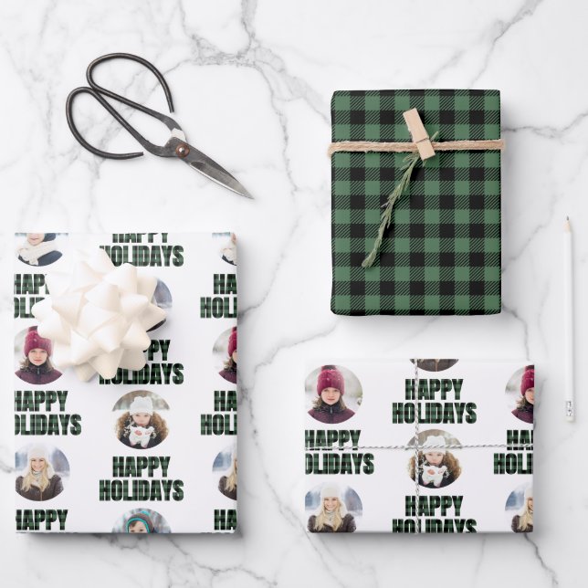 Buffalo Plaid Christmas Photo Collage Black Green  Wrapping Paper Sheets (Front)