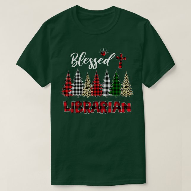 Buffalo Plaid Christmas Tree Blessed Librarian Chr T-Shirt (Design Front)