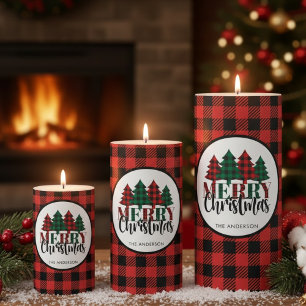Buffalo Plaid Christmas Tree Custom Pillar Candle