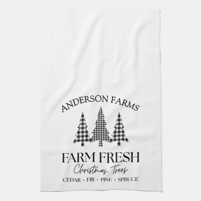 Buffalo Plaid Christmas Tree Farm Black White Kitchen Towel (Vertical)