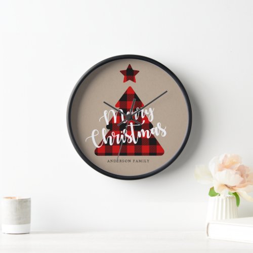 Buffalo Plaid Christmas Tree Kraft Clock