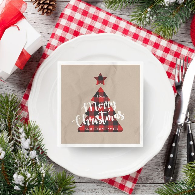 Buffalo Plaid Christmas Tree Kraft Monogram Napkins (Creator Uploaded)