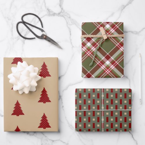 Buffalo Plaid  Christmas Tree Tan Green Red White Wrapping Paper Sheets