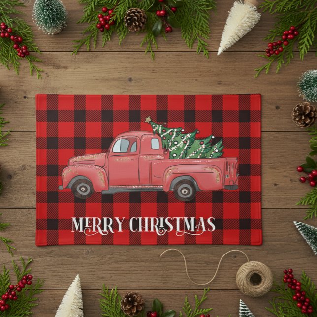 Buffalo Plaid Christmas Tree Truck Cloth Placemat (Creator Uploaded)